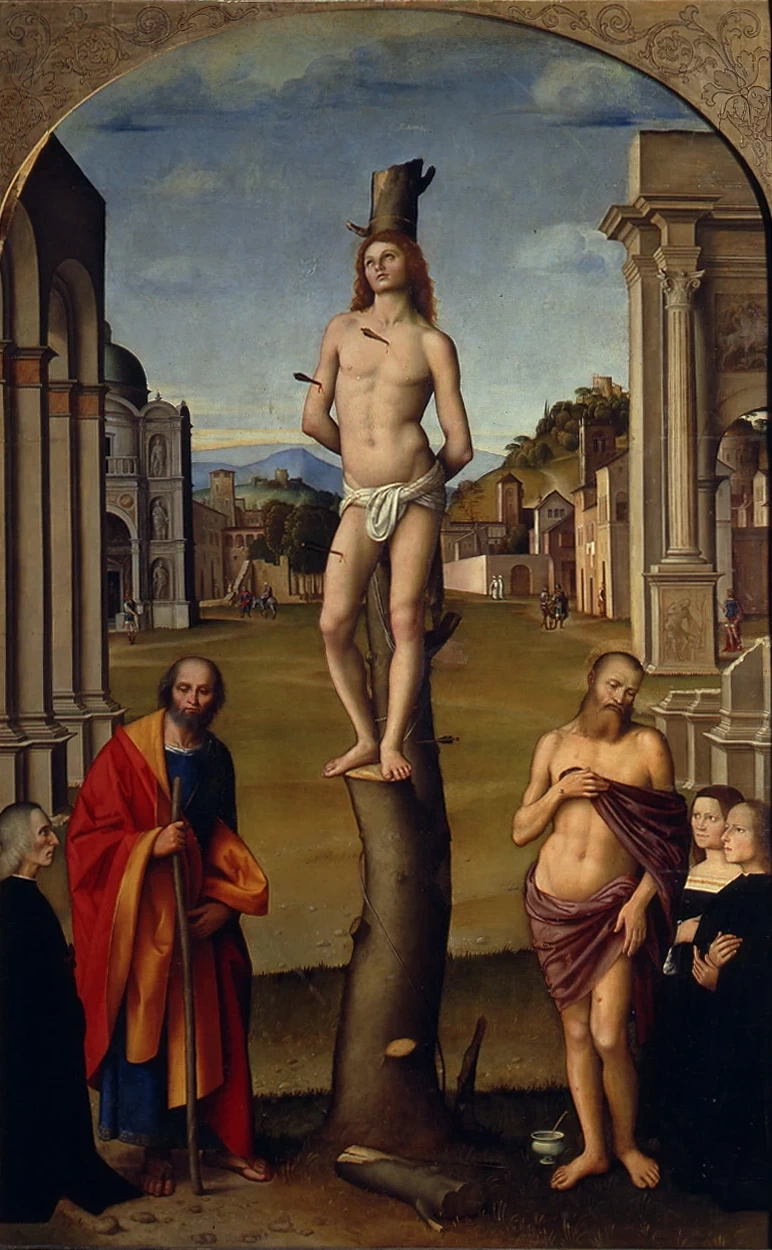 Martirio di San Sebastiano con San Giuseppe, San Giobbe e donatori della famiglia Mori - Palazzo dei Diamanti, Ferrara